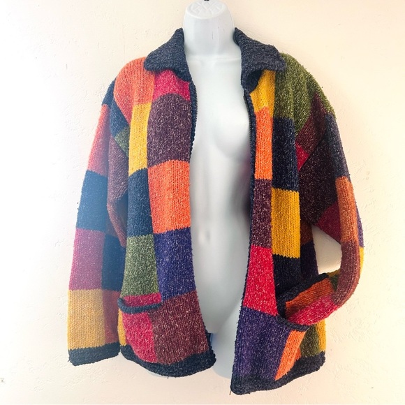 Invisible World Juneau Alaska Handknit Rainbow Patchwork Cotton Wool Zip Sweater - Picture 6 of 10